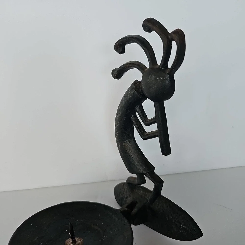 Vintage Kokopelli Cast Iron Candle Holder Flute Player Southwestern Rustic Decor